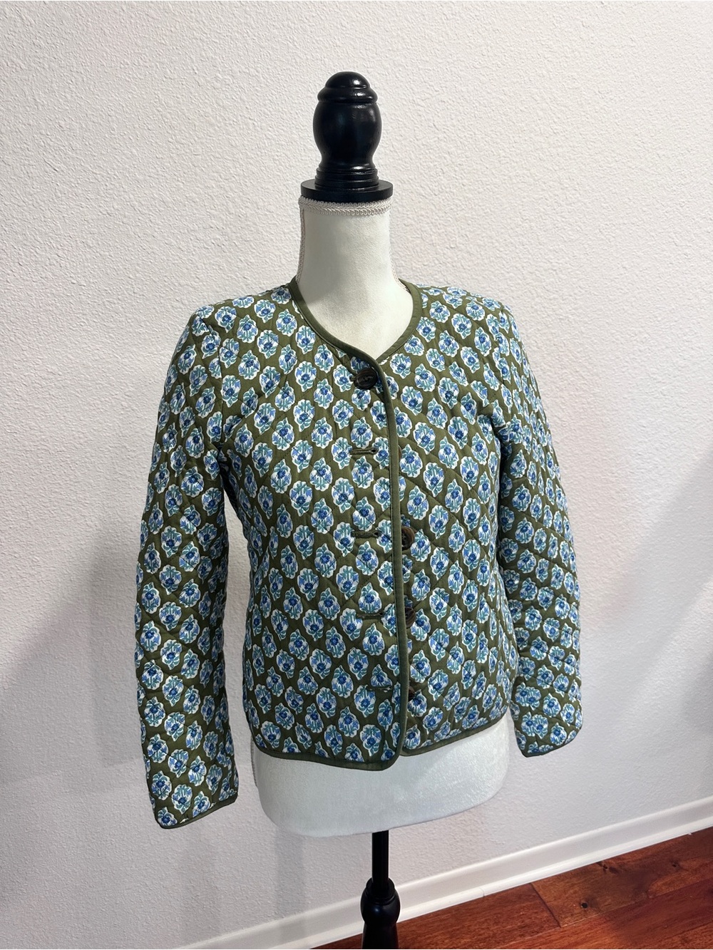 J. Crew Factory Olive Quilted Floral Jacket with Blue Accents